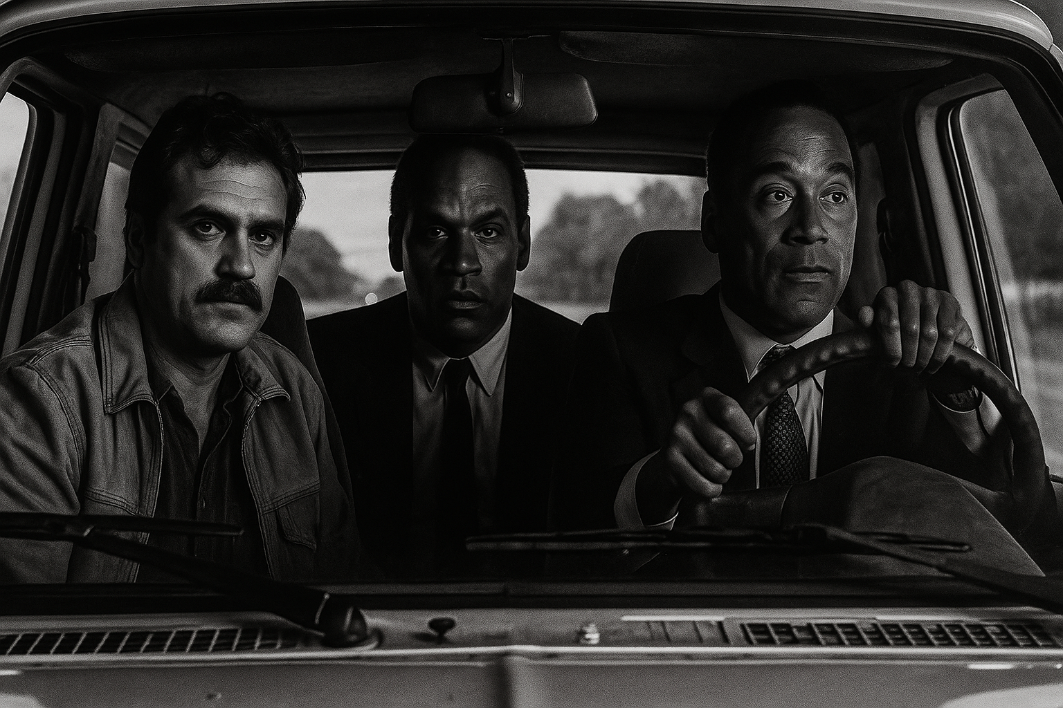 Dramatic reconstruction of three men seated inside a Ford Bronco