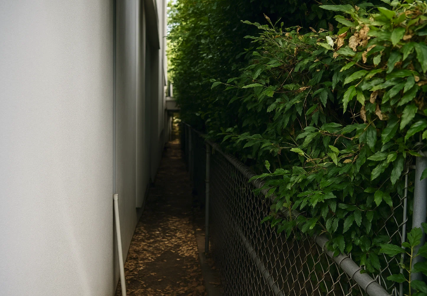 Narrow passage beside the Bundy Drive residence