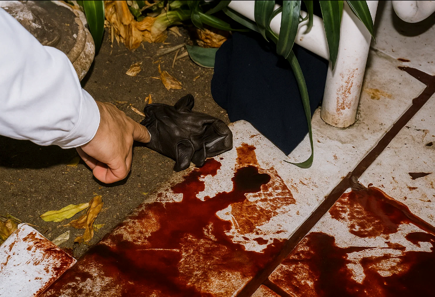 Dramatic reconstruction of a leather glove being examined beside blood-marked tile