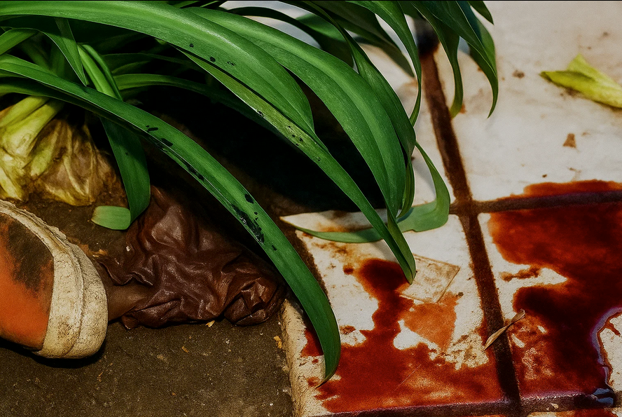 Dramatic reconstruction of a leather glove partly concealed beneath plants beside blood-marked tile