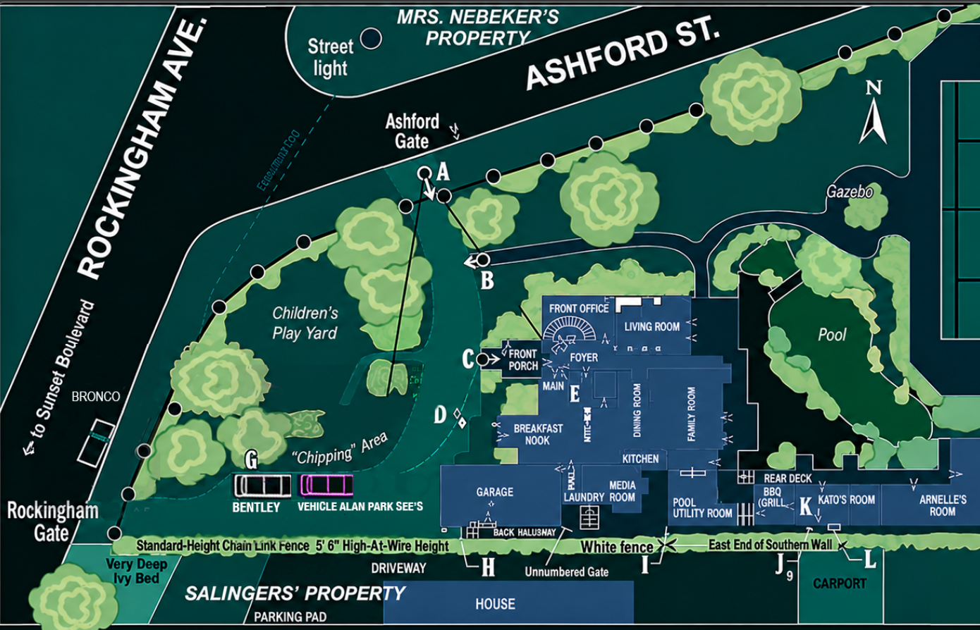 Illustrated evidence map of 360 North Rockingham Avenue showing the residence, gates, driveway, Bronco, guesthouse and reported evidence locations