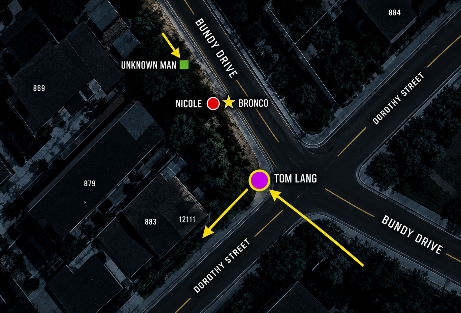 Nighttime map illustrating the reported positions near Bundy Drive and Dorothy Street