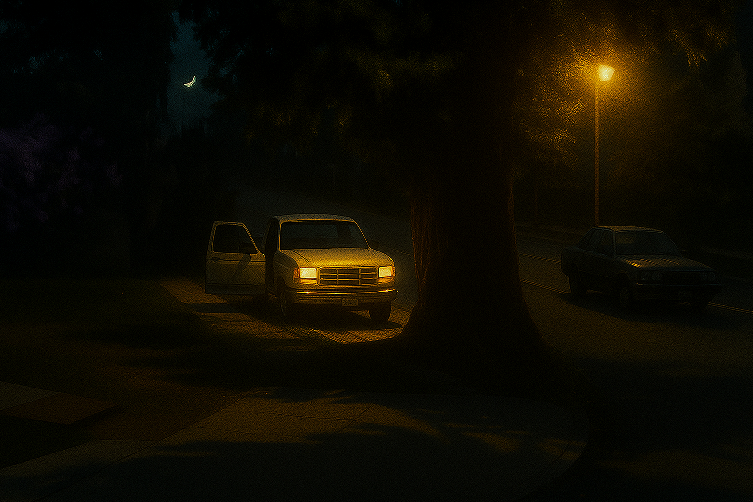 Two vehicles on a dark moonlit street