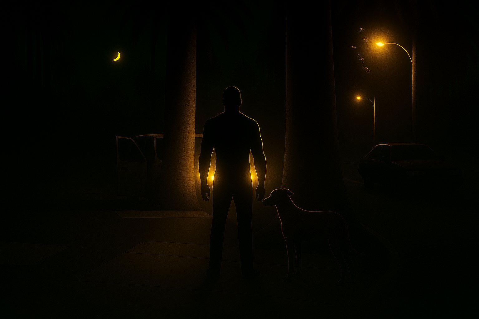 A silhouetted figure on a street at night